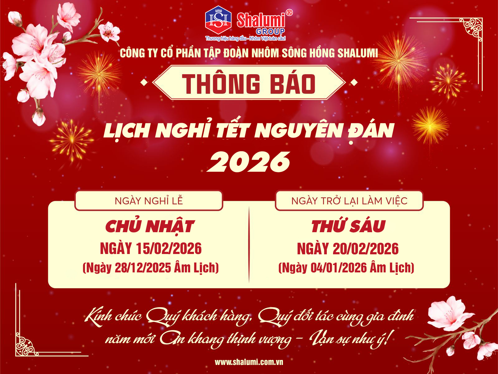 Công Ty Cổ Phần Tập Đoàn Nhôm Sông Hồng Shalumi Thông Báo Lịch nghỉ Tết Nguyên Đán 2026.