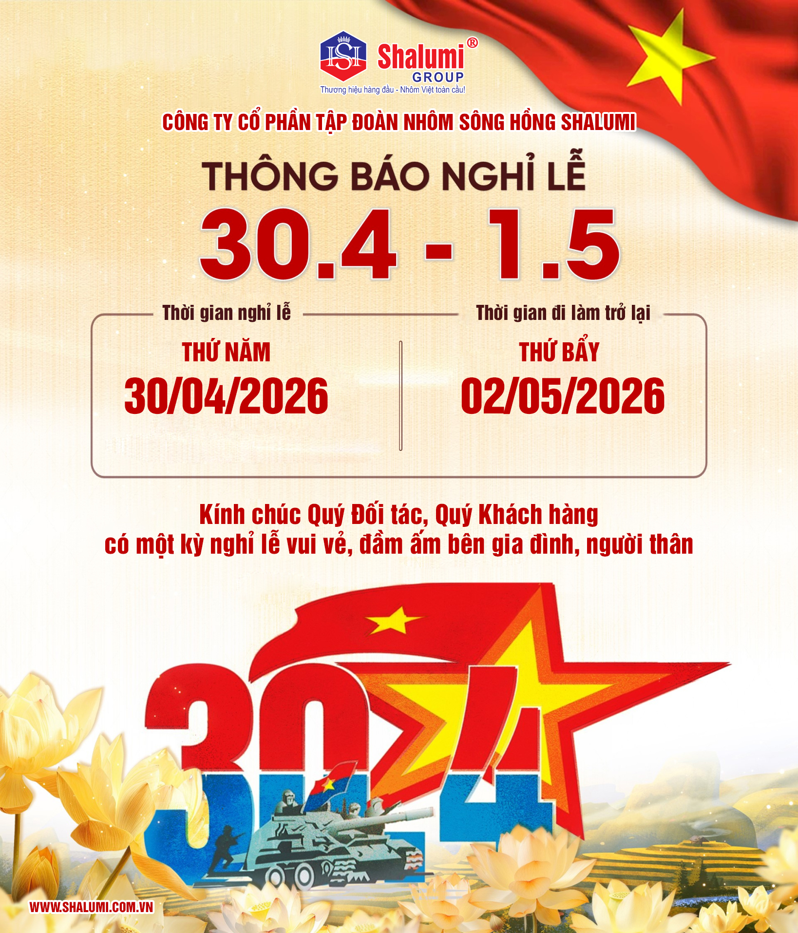 Shalumi Thông Báo Lịch Nghỉ Lễ 30/4 và 01/05